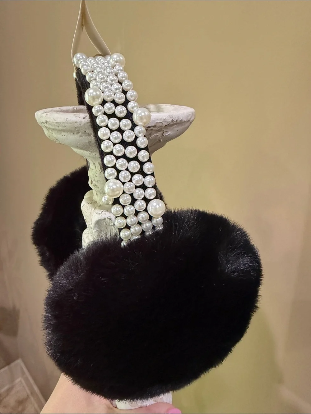kate spade Olivia & Kate Black Faux-Fur Pearl-Trim Headband Packable Ear Muffs
